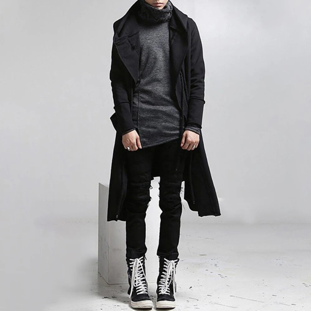 Mens Trench Coat Korean Style Dark Style Autumn And Winter Handsome Windbreaker Hip-Hop Mid-Length Trendy Mens Hooded Sweatshirt Street King Limited