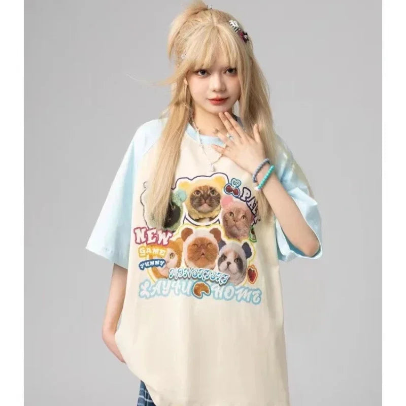 Cat t-shirt women printed raglan sleeves loose casual round neck cute couple half-sleeves y2k top women clothes harajuku kawaii Street King Limited