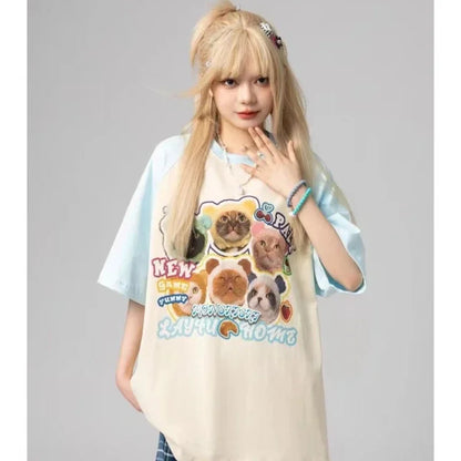 Cat t-shirt women printed raglan sleeves loose casual round neck cute couple half-sleeves y2k top women clothes harajuku kawaii Street King Limited