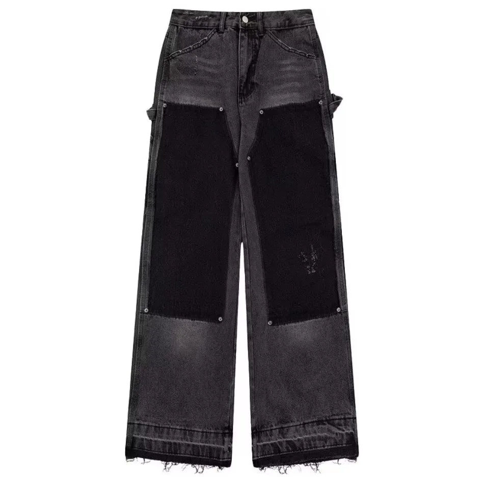 Summer Slim High Street Jeans Mens Washed Rough Edge Patchwork Straight Cowboy Pants Pockets Design Rivets Denim Trousers Thin Street King Limited