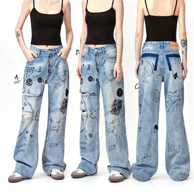 men baggy ripped jeans graffiti printed straight denim pants distressed jeans male streetwear hip hop jeans trousers y2k stacked flare jeans
