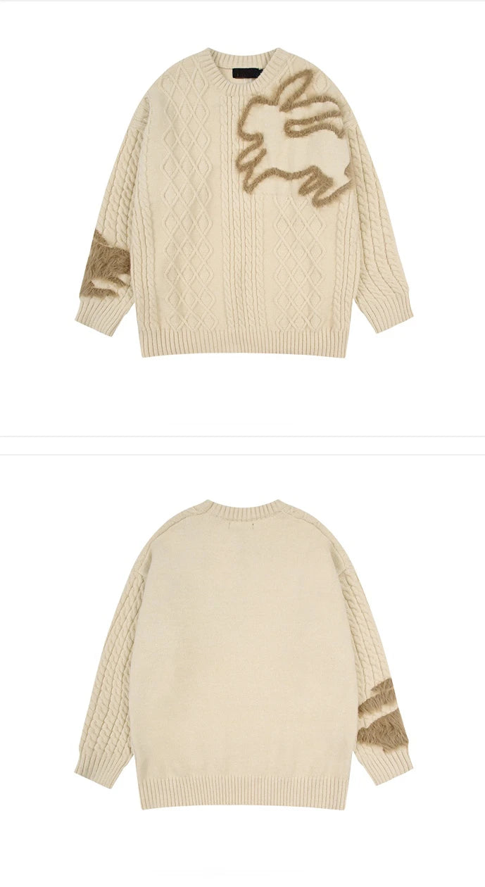 Mens Streetwear Cable Sweater 2023 Fashion Rabbit Pattern Hip Hop Knitted Sweater Pullover Casual Cotton Sweater Unisex Clothes Street King Limited