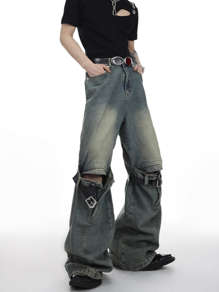 mens knee patchwork belts denim jeans unisex hip hop fashion streetwear harajuku loose flare straight y2k jean pants joggers urban active pants
