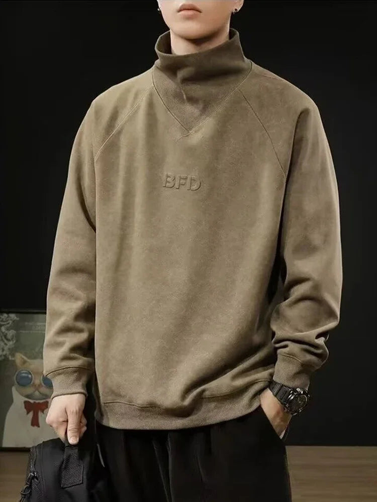 Autumn Suede Turtleneck Long Sleeve Sweatshirts Men Letter Foam Print Patchwork Crewneck Pullover Hoodie Y2K Streetwear Clothes Street King Limited