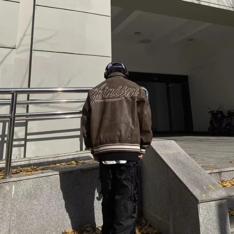 american motorcycle pu leather jacket mens street hip hop letter embroidery loose coat college retro pilot baseball outwear unique default style 2639
