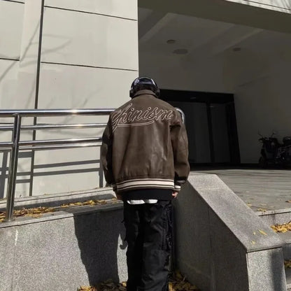 american motorcycle pu leather jacket mens street hip hop letter embroidery loose coat college retro pilot baseball outwear unique default style 2639
