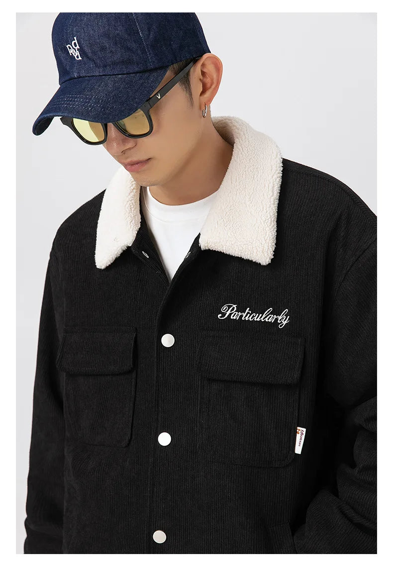 fashion men lamb fleece polo collar cotton padded coat winter embroidery loose thicken warm corduroy wadded jacket male outwear unique default style 6048