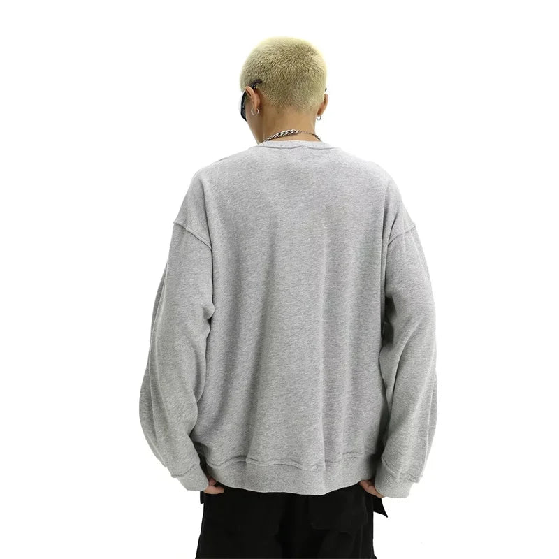 New Retro Zipper Design O-neck Sweatshirts For Men Autumn Y2K Streetwear Gray Pullover Hoodies Loose Hip Hop Fashion Sweat-shirt Street King Limited