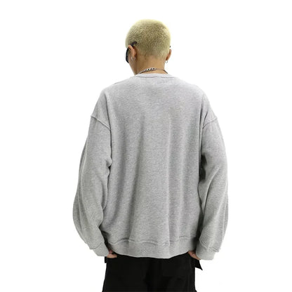 New Retro Zipper Design O-neck Sweatshirts For Men Autumn Y2K Streetwear Gray Pullover Hoodies Loose Hip Hop Fashion Sweat-shirt Street King Limited