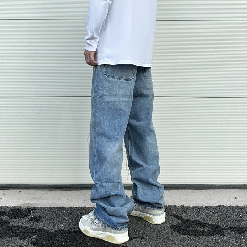 fashion loose streetwear denim jeans new casual wide legs straight jean pants hip hop tassel joggers baggy jeans men clothing unique joggers style 4893