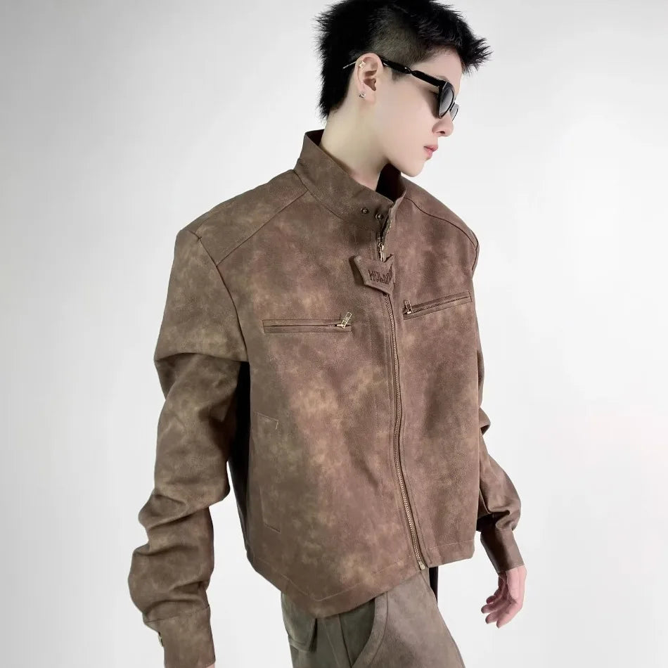 retro motorcycle pu leather jacket mens brown coffee short punk stand collar bomber coats spring high street racing suit new unique shorts style 3341