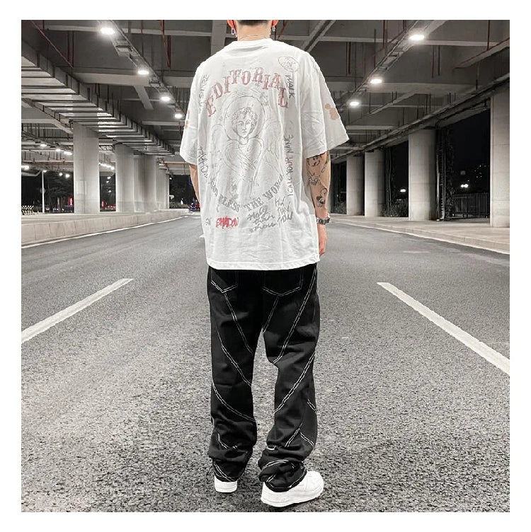 fashion design lines denim jeans mens zipper loose straight trousers hip hop new casual streetwear pants joggers baggy jeans unique joggers style 423