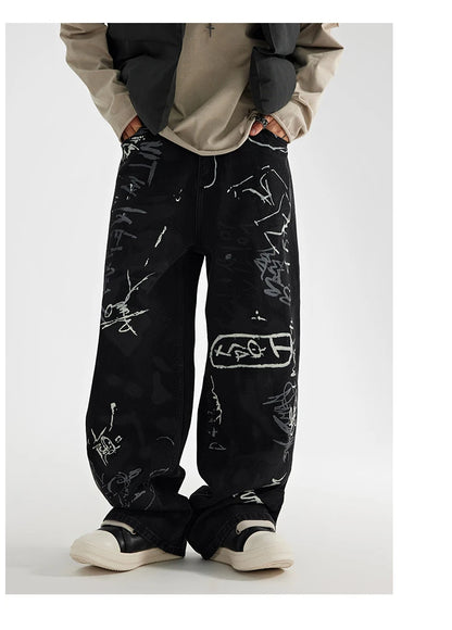 fashion graffiti printed denim jeans men unisex casual zipper wide legs straight jeans streetwear hip hop baggy pants joggers unique joggers style 4071