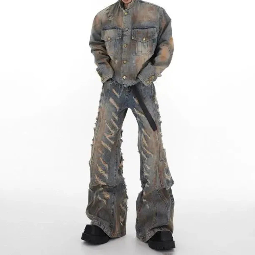 mens denim jacket jeans wilderness construction site style distressed washed holes street wear fashion versatile mens wear 2024 denim street jeans