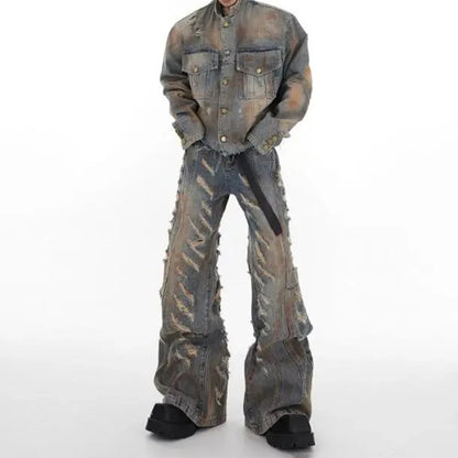 mens denim jacket jeans wilderness construction site style distressed washed holes street wear fashion versatile mens wear 2024 denim street jeans