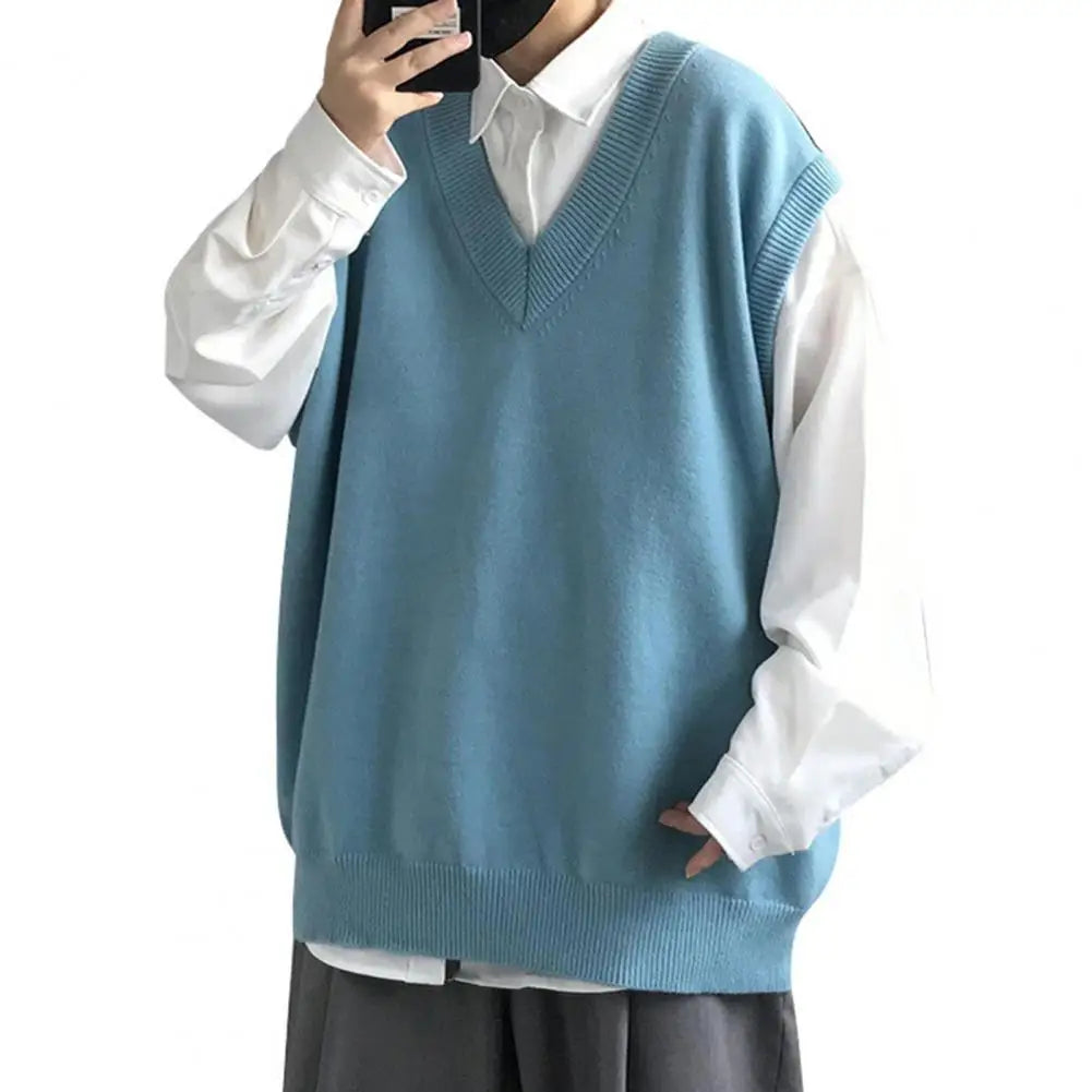 Men Sweater Vest V Neck Solid Color Sleeveless All Match Spring Sweater for School Male Pullovers Men's Clothing Streetwear Street King Limited