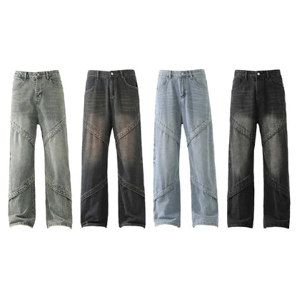 Men Jeans Splicing Washed Distressed Denim Trousers Fashion Vintage Streetwear High Street Loose Straight Wide Leg Casual Pants Street King Limited