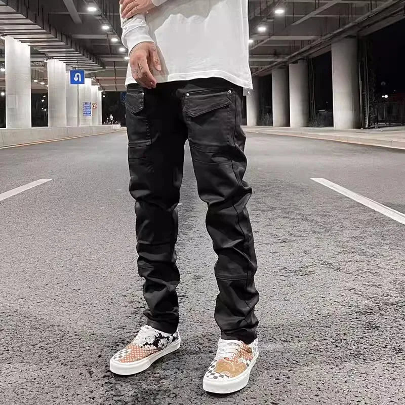 Y2k Front Pocket Wax Pu Leather Pants for Men Straight Slim Casual Overall Ropa Hombre High Street Loose Cargos Oversized Street King Limited