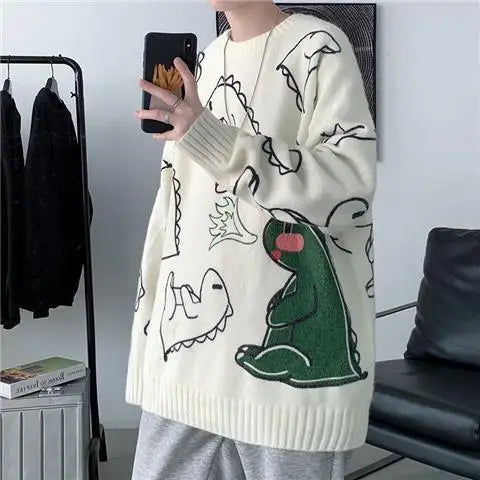 Korean literature art turtleneck sweater men autumn winter lazy style knitted sweater cartoon devil print wool clothes pullovers Street King Limited