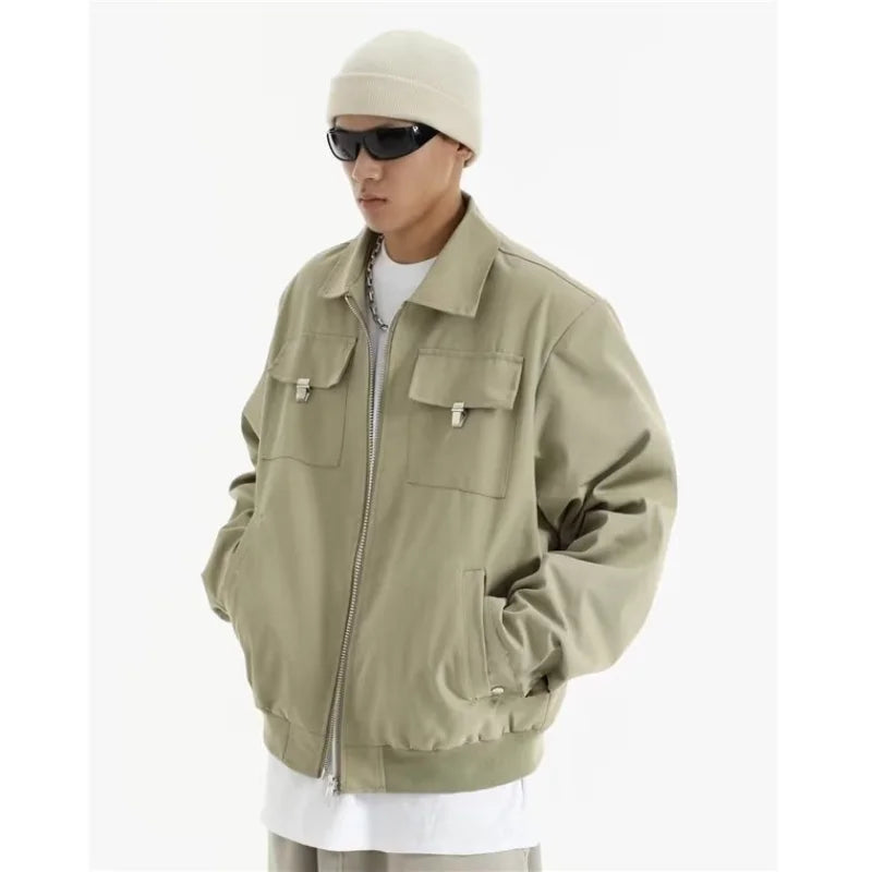 high street tooling bomber jacket mens spring retro double pocket loose short pilot coats lapel zipper khaki baseball jersey drawstring street shorts