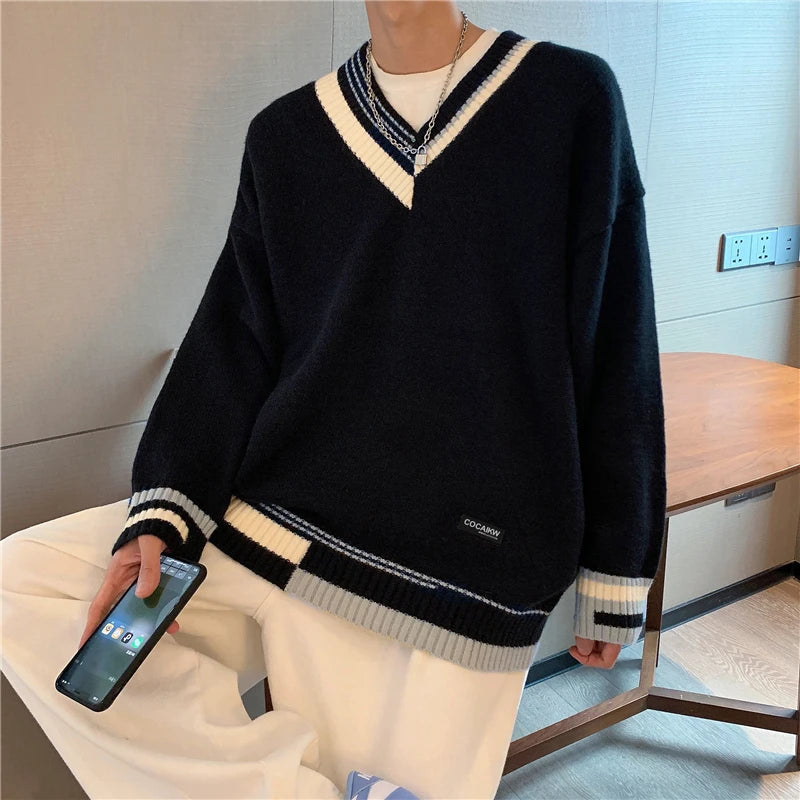 Pullovers Men Sweater Patchwork Ins Fashion Winter Design Couple V-neck Harajuku Knitwear Loose Students Simple Ropa Para Hombre Street King Limited