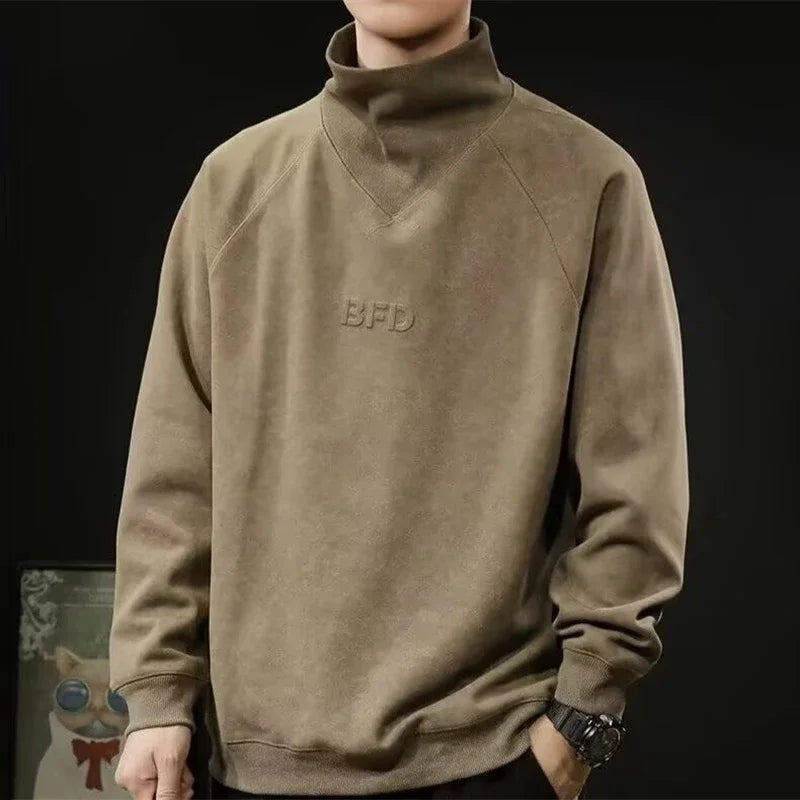 Autumn Suede Turtleneck Long Sleeve Sweatshirts Men Letter Foam Print Patchwork Crewneck Pullover Hoodie Y2K Streetwear Clothes Street King Limited