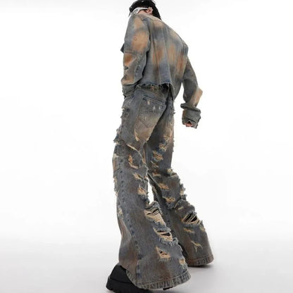 mens denim jacket jeans wilderness construction site style distressed washed holes street wear fashion versatile mens wear 2024 ripped baggy denim