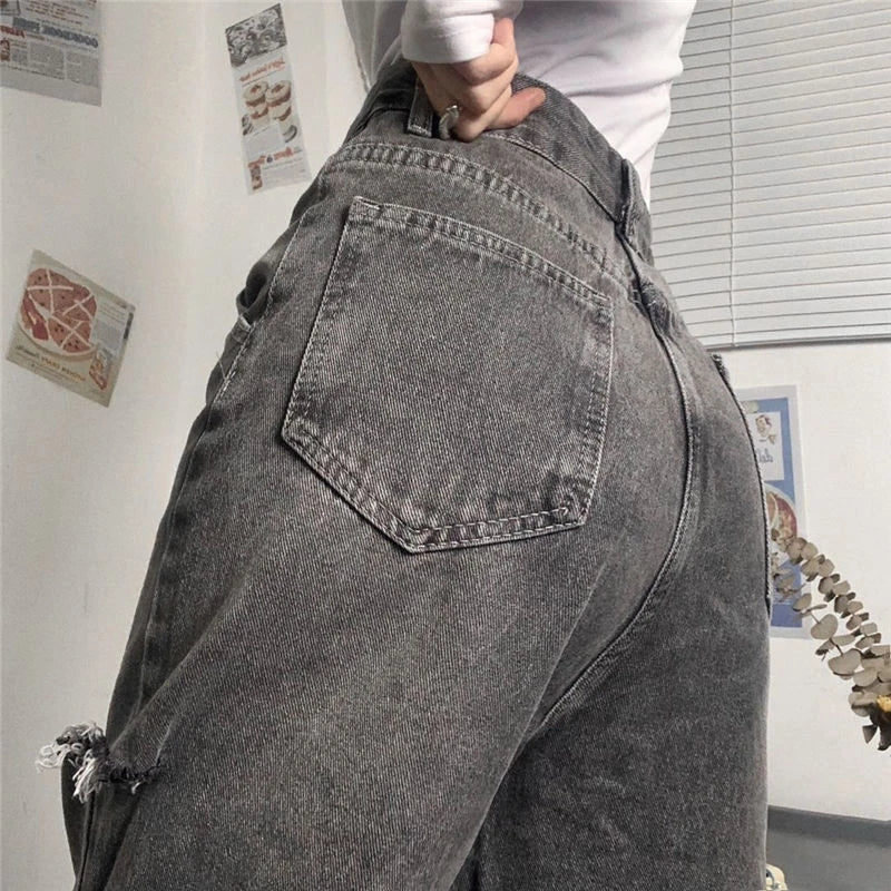 xpqbb vintage streetwear dark gray jeans women y2k high waist ripped denim trousers female 2022 new design loose wide leg pants unique jeans style 2608