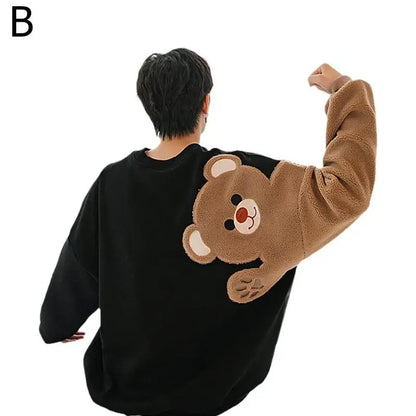 Long-sleeved Round Neck Sweater Lamb Hair Embroidery Flocking Sweater Loose Warm Winter Men's Bear Street King Limited