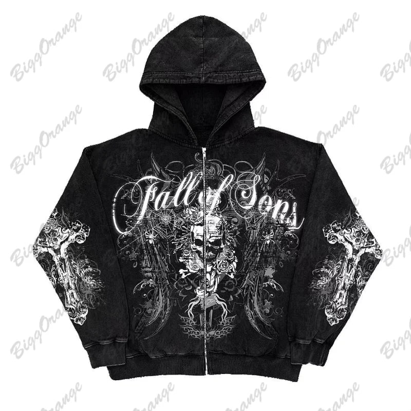 Retro Fashion Gothic Skull Bone Print Oversized Hoodie women Y2K Street Hip Hop Versatile Slim Casual Sweater Clothes Street King Limited