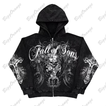 Retro Fashion Gothic Skull Bone Print Oversized Hoodie women Y2K Street Hip Hop Versatile Slim Casual Sweater Clothes Street King Limited