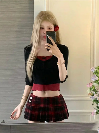 Academy style color matching women's set short spicy two piece sets 2024 womens outifits low waisted plaid skirt sets Street King Limited