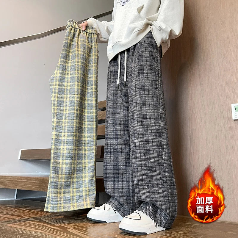 mens plaid pants baggy winter trendy fleece loose straight wide leg mopping trousers unisex thick velvet warm long pants menswear bottoms