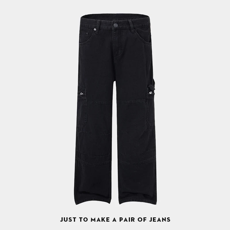 men american streetwear fashion loose casual hip hop wide leg black denim baggy jeans pants man y2k cargo jeans trousers unique cargo style 2232