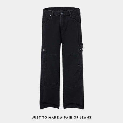 men american streetwear fashion loose casual hip hop wide leg black denim baggy jeans pants man y2k cargo jeans trousers unique cargo style 2232