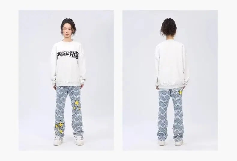 Y2K Star Embroidery Plaid Stacked Jeans Pants for Men Straight Women Hip Hop Denim Trousers Pantalon Homme Street Raw Edge Pant Street King Limited