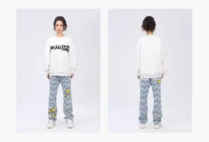 Y2K Star Embroidery Plaid Stacked Jeans Pants for Men Straight Women Hip Hop Denim Trousers Pantalon Homme Street Raw Edge Pant Street King Limited