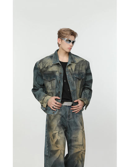 2 pieces sets mens fashion dirty graffiti wide shouder denim jeans jacket coat and wide legs pants joggers new streetwear sets unique joggers style 3569
