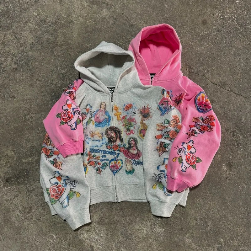 American retro gothic rock letter print pattern oversized hoodie men's fashion Harajuku loose versatile sweatshirt couple style Street King Limited