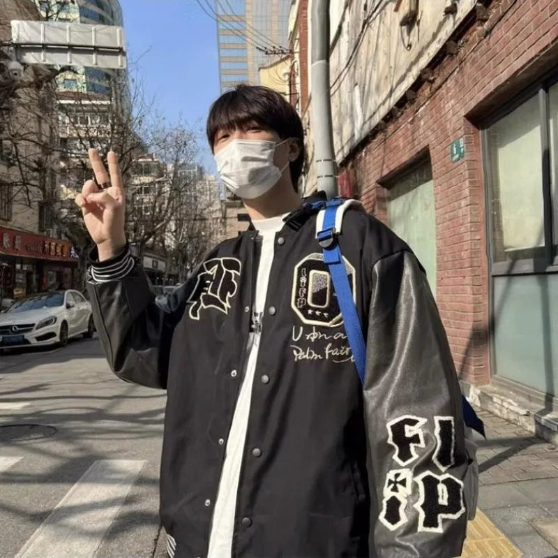 american retro mens baseball uniform street harajuku patchwork leather loose jackets color block towel embroidery trend coats unique default style 2923