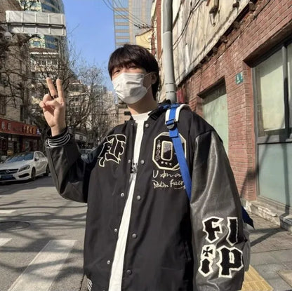 american retro mens baseball uniform street harajuku patchwork leather loose jackets color block towel embroidery trend coats unique default style 2923