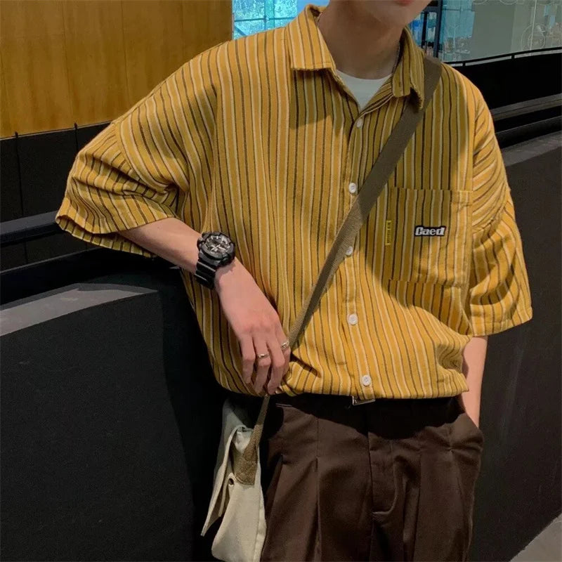 Streetwear Summer Mens Vintage Striped Shirts Letter Print Short Sleeve Casual T 2024 Summer Mens Vintage Striped Shirts Letter Print Short Sleeve Casual T Shirt Clothing Y2K Streetwear Loose Social Camisas Fashion Sweater Jacket With Graphic Design For Men