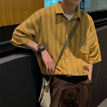 Streetwear Summer Mens Vintage Striped Shirts Letter Print Short Sleeve Casual T 2024 Summer Mens Vintage Striped Shirts Letter Print Short Sleeve Casual T Shirt Clothing Y2K Streetwear Loose Social Camisas Fashion Sweater Jacket With Graphic Design For Men