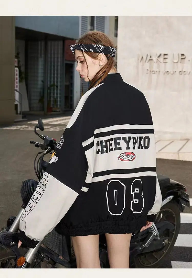 Spring and Autumn American letter printed motorcycle baseball jacket street style racing couple style goth  denim jacket women Street King Limited
