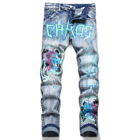 fashion skull graffiti jeans lightning printed denim pants mens distressed biker jeans streetwear slim hip hop pants joggers unique joggers style 4814