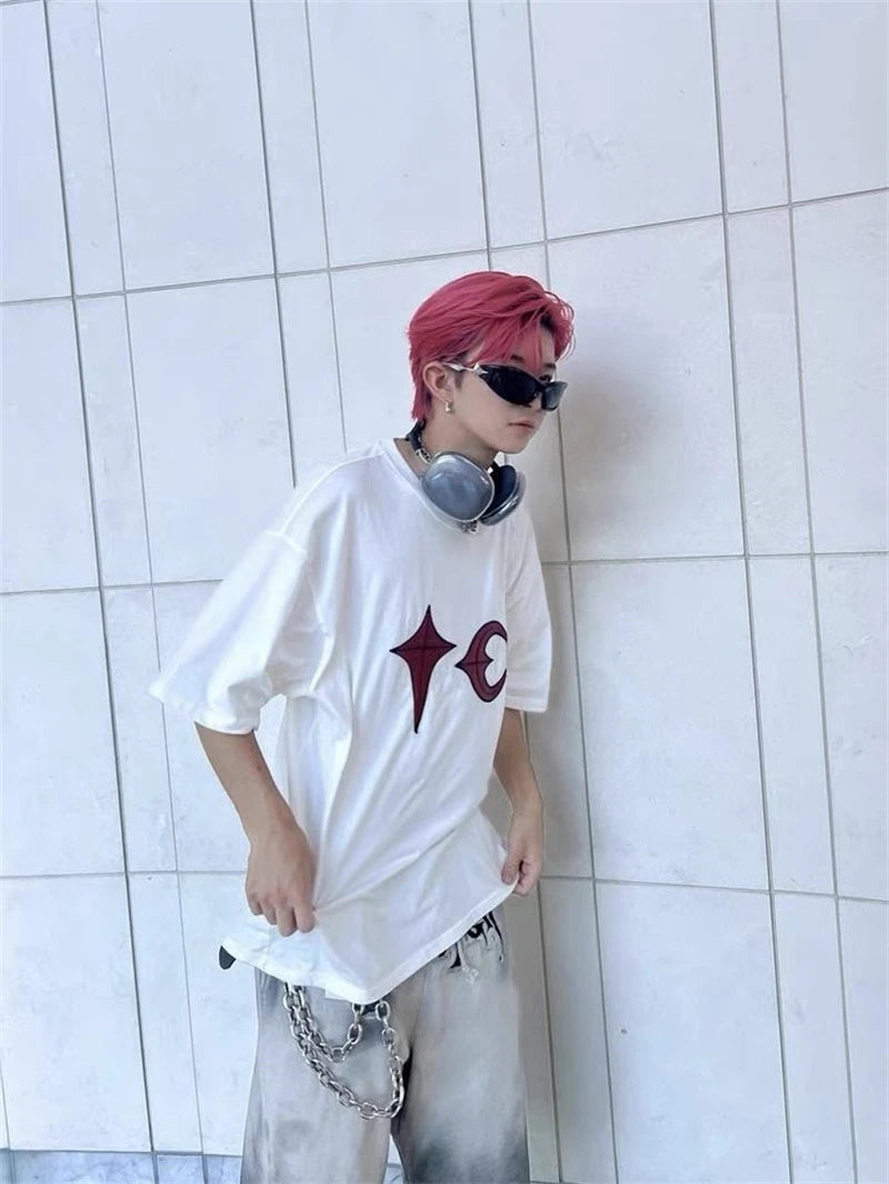 High Street Thug Club New Patchwork Embroidered Short Sleeved Casual Loose And Versatile Korean Street Solid Color T-shirt VTG Street King Limited