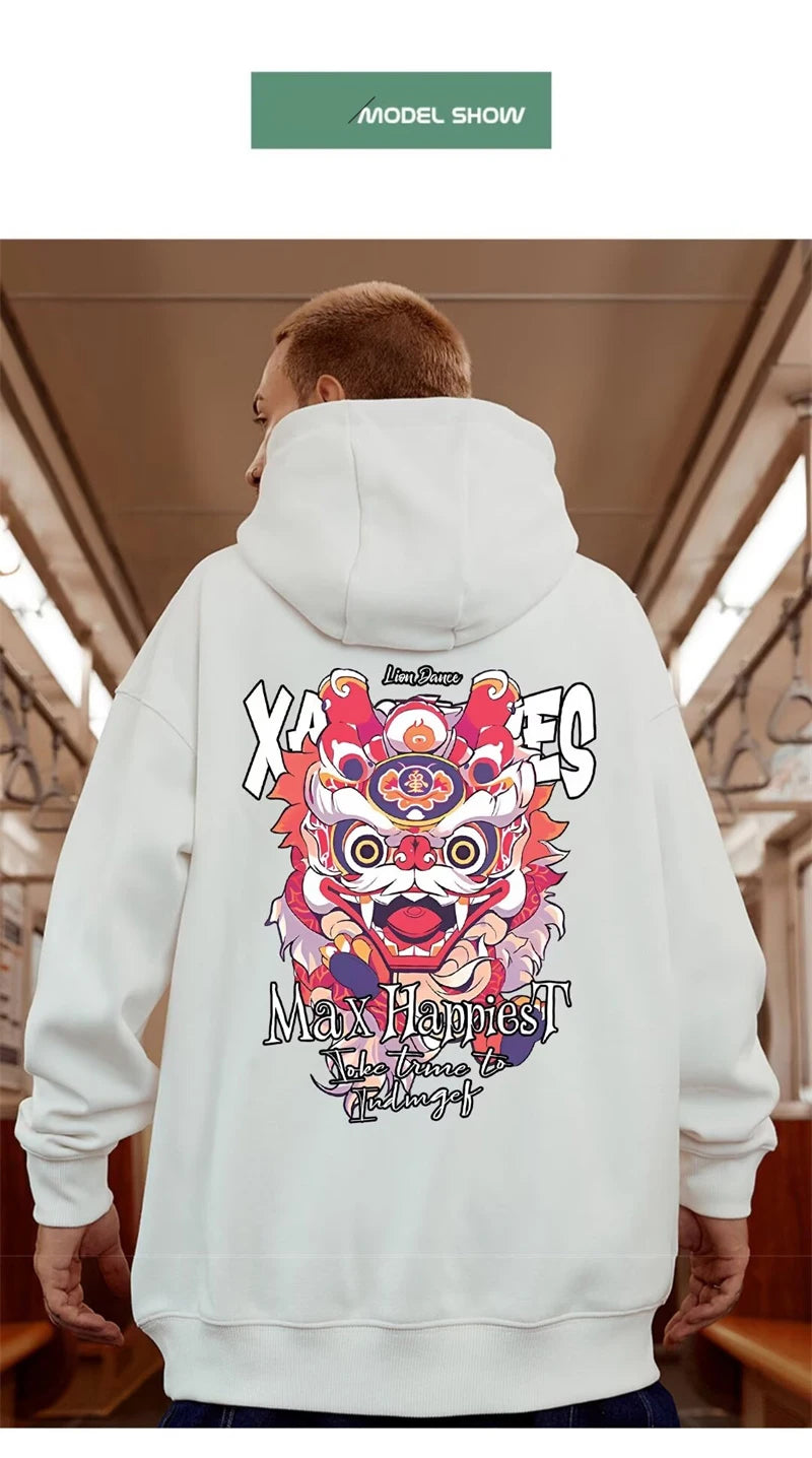 New Lion Dance Graphic Hoodies For Men Y2K Streetwear Fleece Hooded Sweatshirts Hip Hop Fashion Oversized Pullover Hoody Clothes Street King Limited