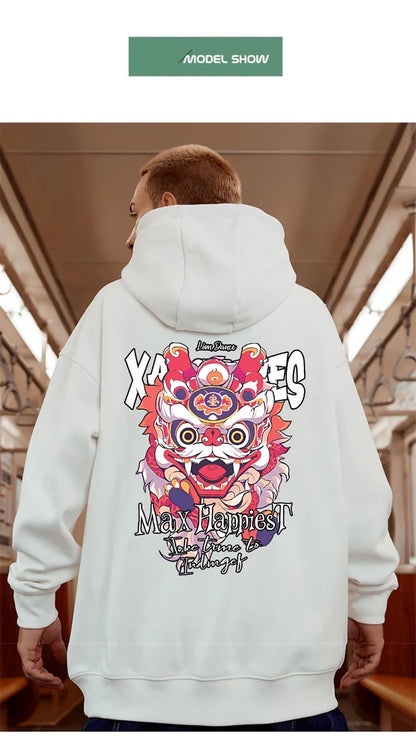 New Lion Dance Graphic Hoodies For Men Y2K Streetwear Fleece Hooded Sweatshirts Hip Hop Fashion Oversized Pullover Hoody Clothes Street King Limited