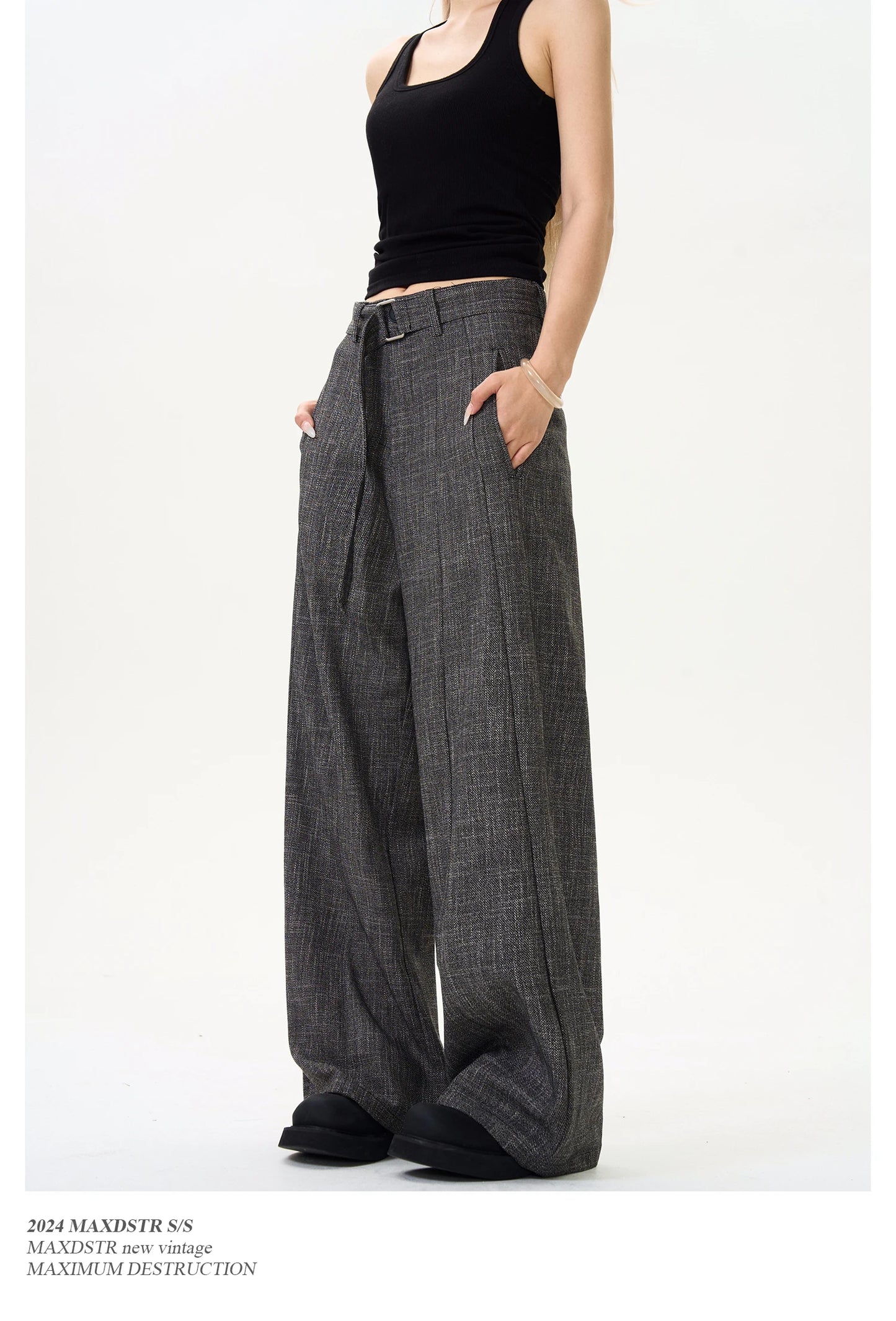 men women streetwear fashion loose casual belt wide leg suit pant boyfriend straight trousers baggy pants unique default style 2243