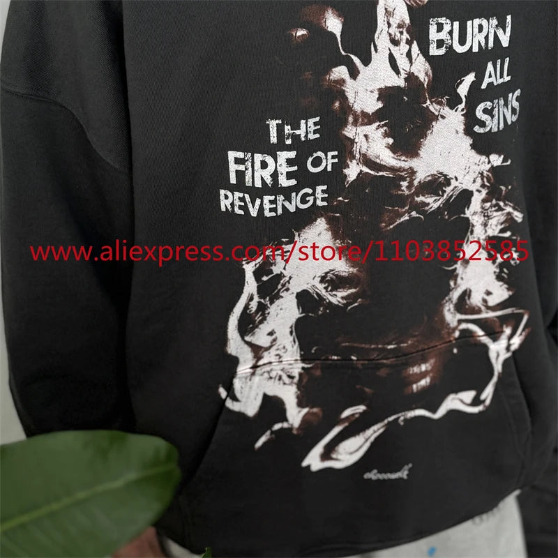Autumn New 2024 Vintage American Long sleeved Hoodie Men's Heavyweight Flame Print High Street Tops Oversize Trendy Fashion Street King Limited